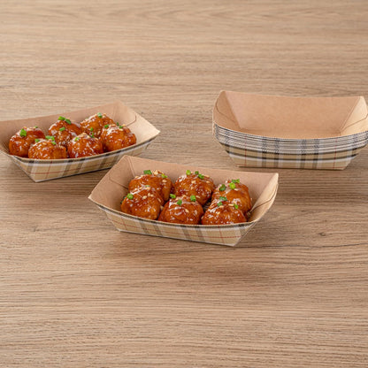 Restaurantware-Bio Tek 4 Ounce Paper Boats, 50 Disposable #25 Food Trays - PE Lining, Durable, Plaid Print Paper Food Baskets, For Concession Stands, Picnics, or Fairs