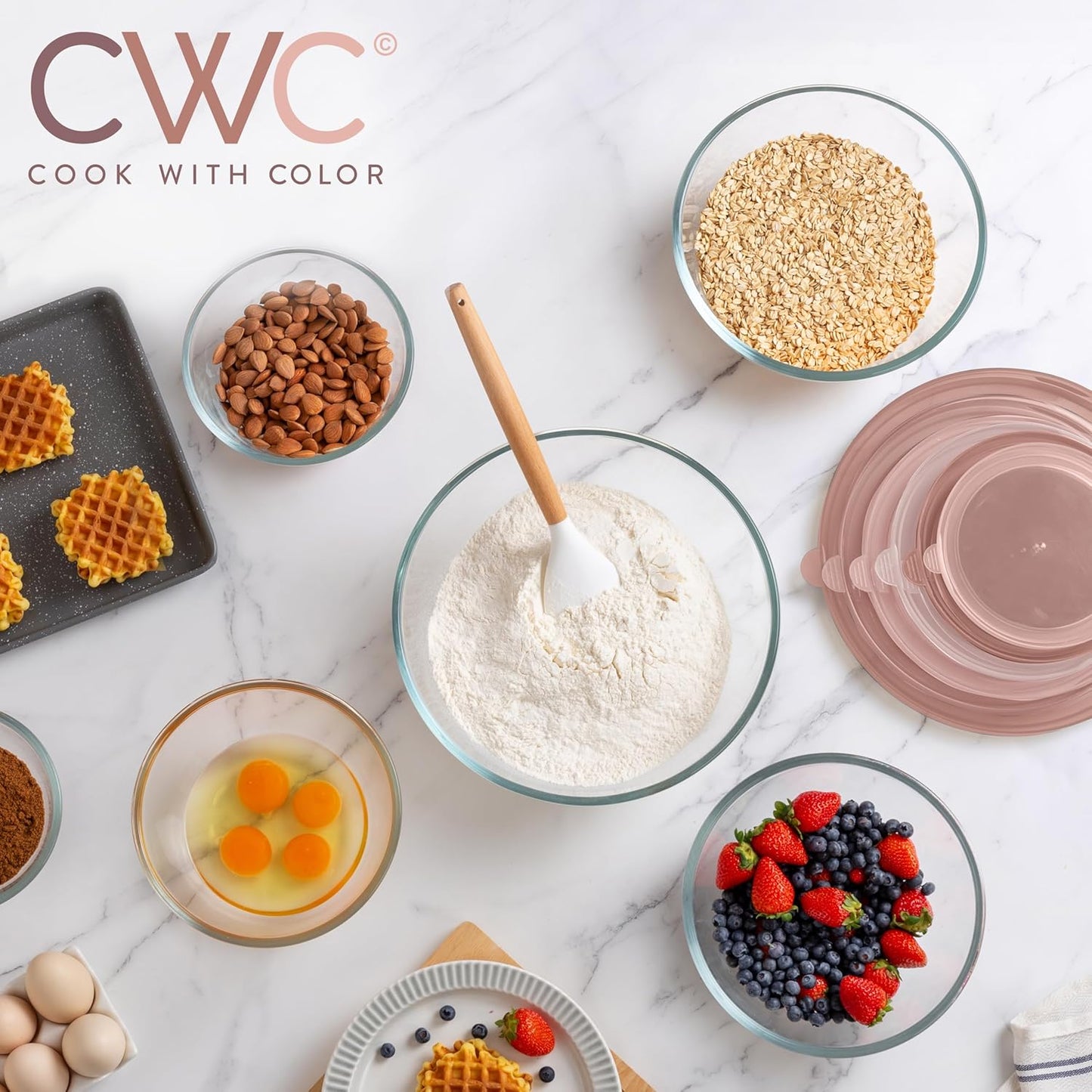 COOK WITH COLOR 12 Pc Glass Mixing Bowl Set with Lids – Borosilicate Glass Nesting Bowls for Cooking, Baking and Meal Prep, Pink