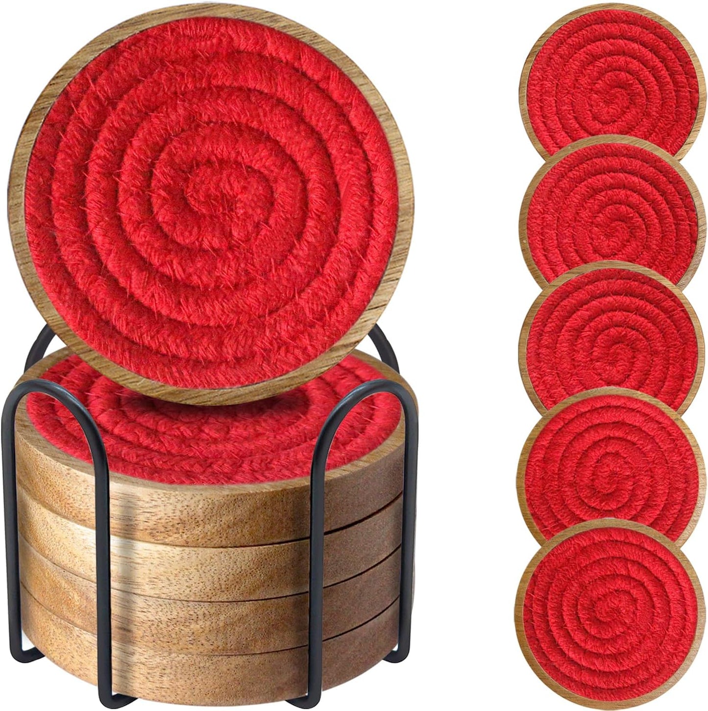 Woven Coasters Set of 5 with Holder, Wooden Drink Coasters for Coffee Table, Housewarming Gift for Farmhouse Home Decor, 4 inches (Red)