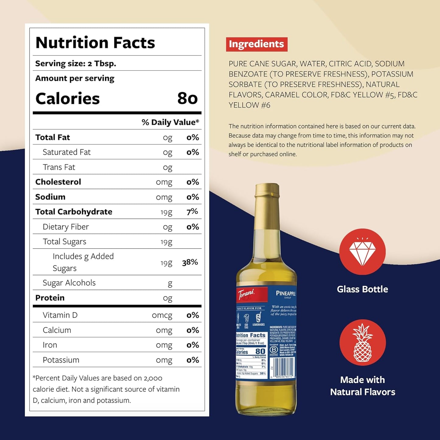 Torani Pineapple Syrup for Drinks, Flavoring for Iced Tea, Lemonade, Sodas, and Cocktails, Pump Included, 25.4 Fl Oz