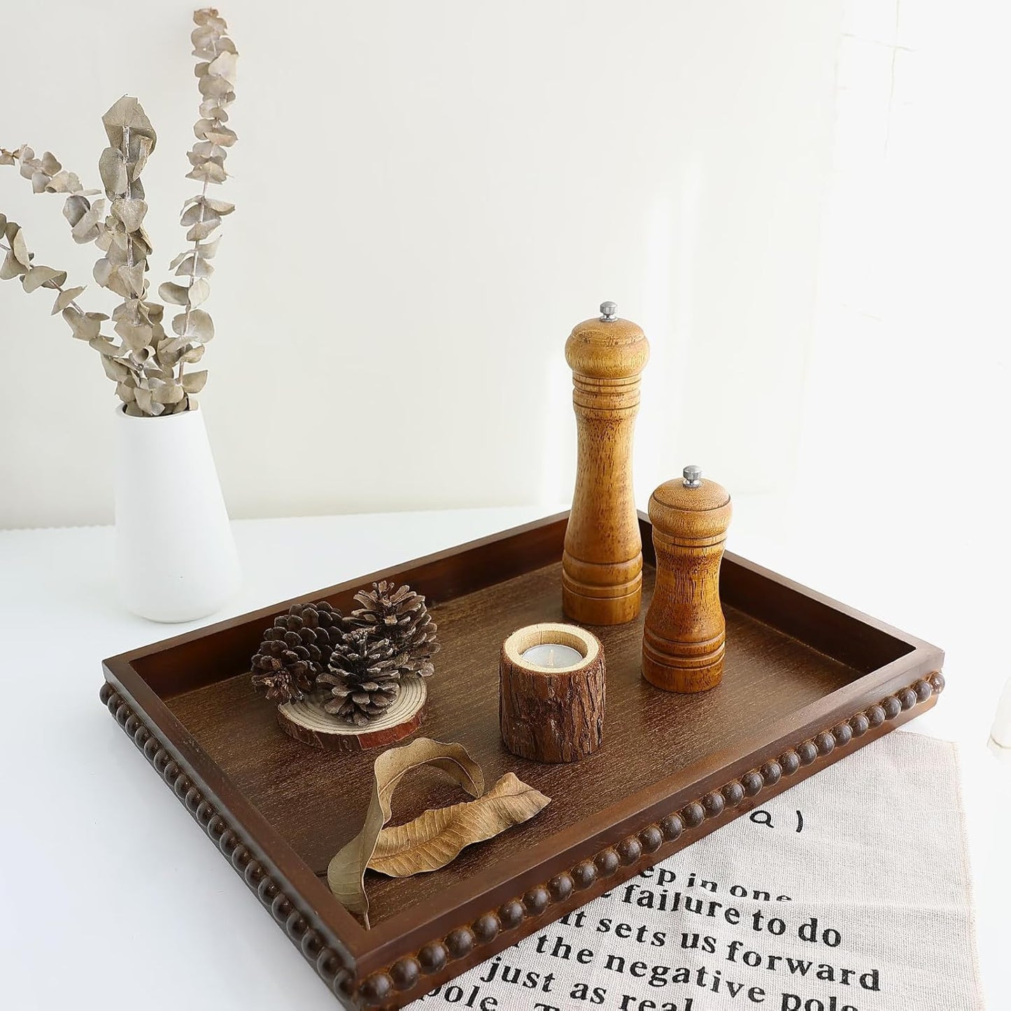 Wood Decorative Tray, Distressed Outdoor Serving Tray with Wooden Bead for Ottoman, Coffee Table, Entertaining, Home Decor, Rectangular 15.7”*11.8”*1.57” (Dark Brown)