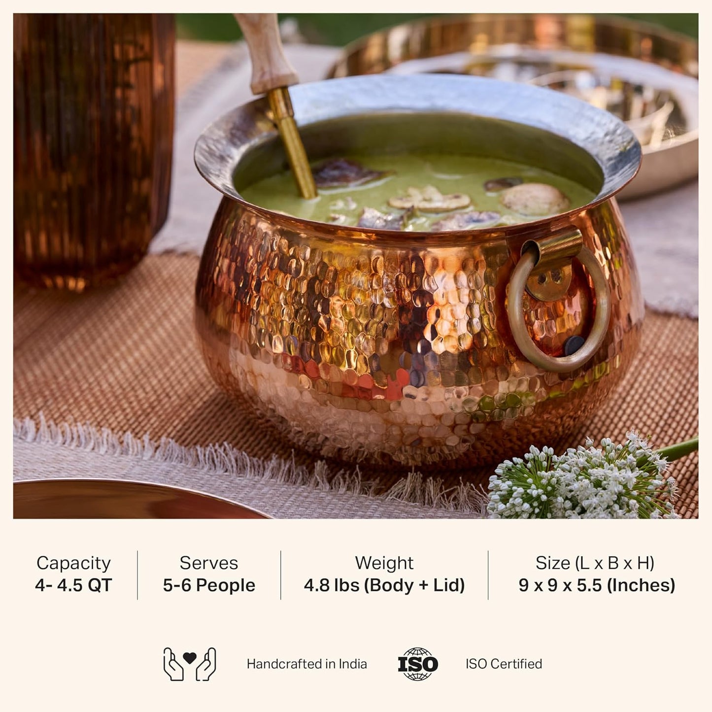 P-TAL 9" Dutch Oven 100% Pure Copper Cooking Pot 3.6 Quarts Stew Pot with Ayurvedic Health Benefits Copper Cookware