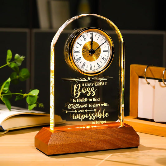 Ornalrist Boss Crystal Clock Gifts for Women, Men with Wooden LED Light Base, Boss Appreciation Gift Idea for Leader's Day, Desk Office Home Decor