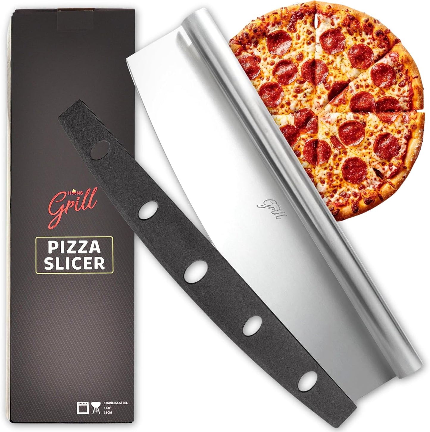 Pizza Cutter Rocker Blade By Hans Grill 14" Large Pizza Slicer Sharp | Stainless Steel Rocking Pizza Knife Cutter | Professional Nonstick Pizza Cutter Rocker Knife With Safety Cover | Dishwasher Safe