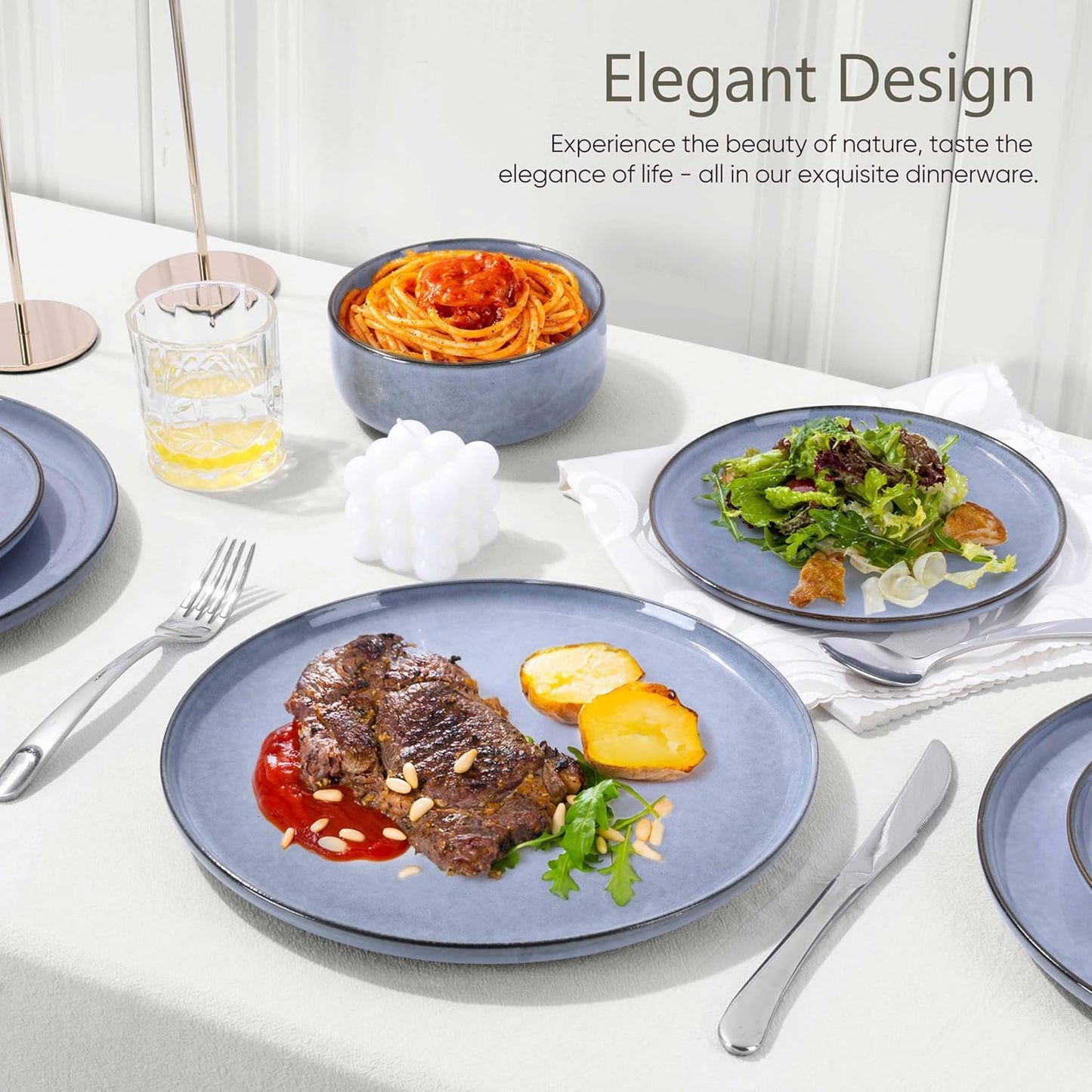 Herogo Stoneware Dinnerware Sets with Salad Bowls, Dinner Plates and Bowls Sets for 4, 16 Piece Dishware Place Setting for Kitchen, Chip & Scratch Resistant Dishware, Haze Blue