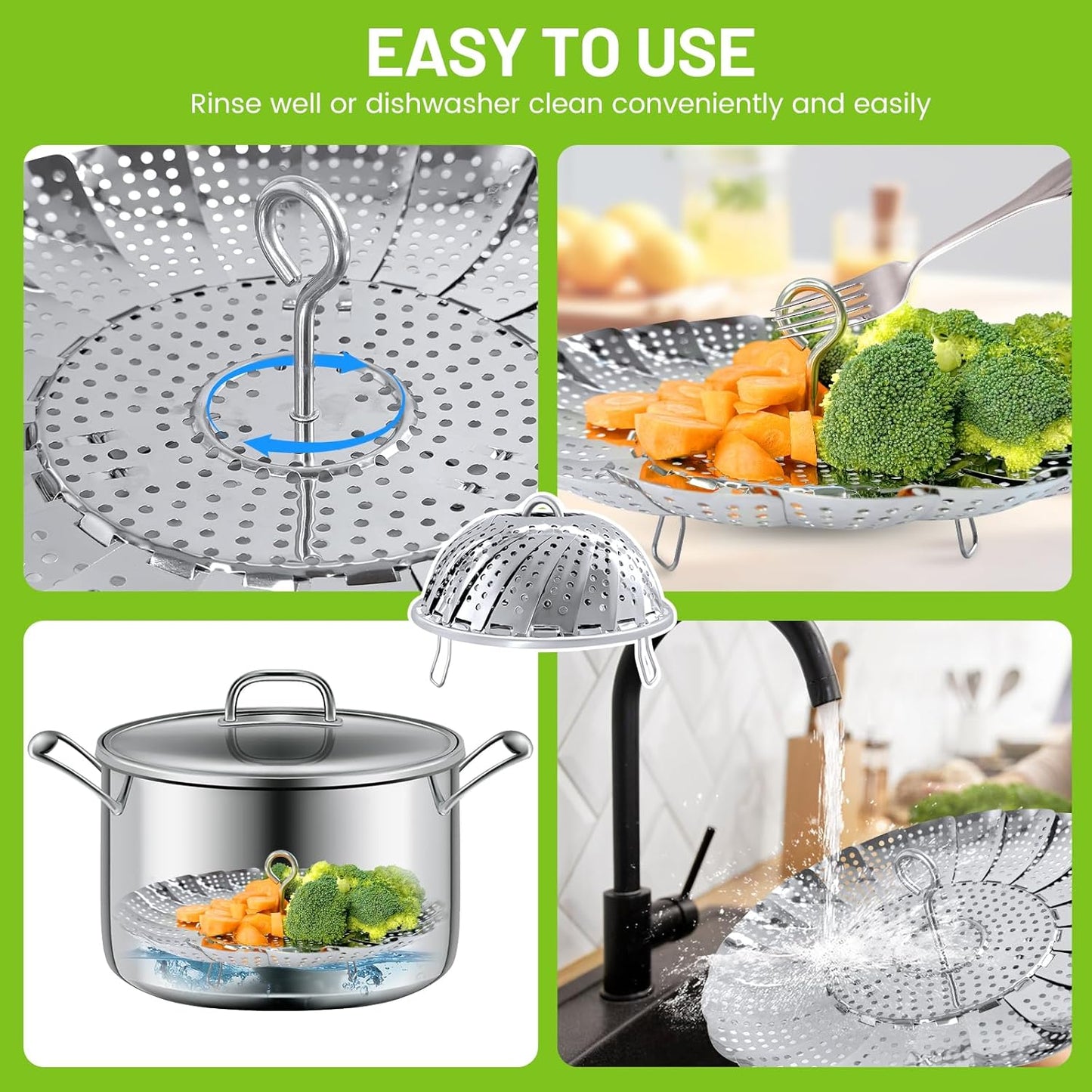 Vegetable Steamer Basket, Premium Stainless Steel Veggie Steamer Basket - Folding Expandable Steamers to Fits Various Size Pot (Extra Large (6.5" to 11"))