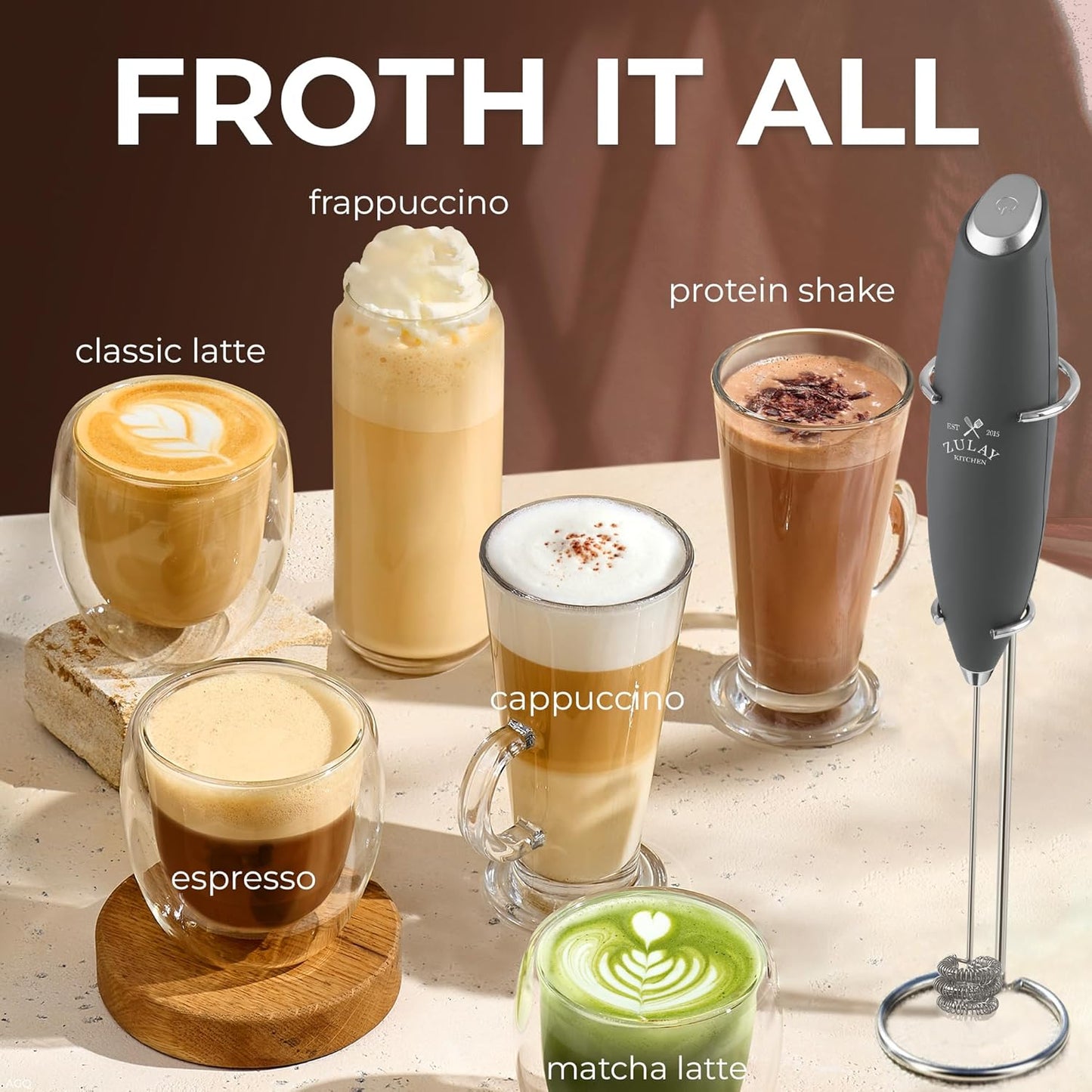 Zulay Kitchen Patented Tornado Triple Whisk Milk Frother with 4 Duracell Batteries – Handheld Foam Maker for Coffee, Lattes, Matcha & Hot Chocolate – Rich, Creamy Froth in Seconds