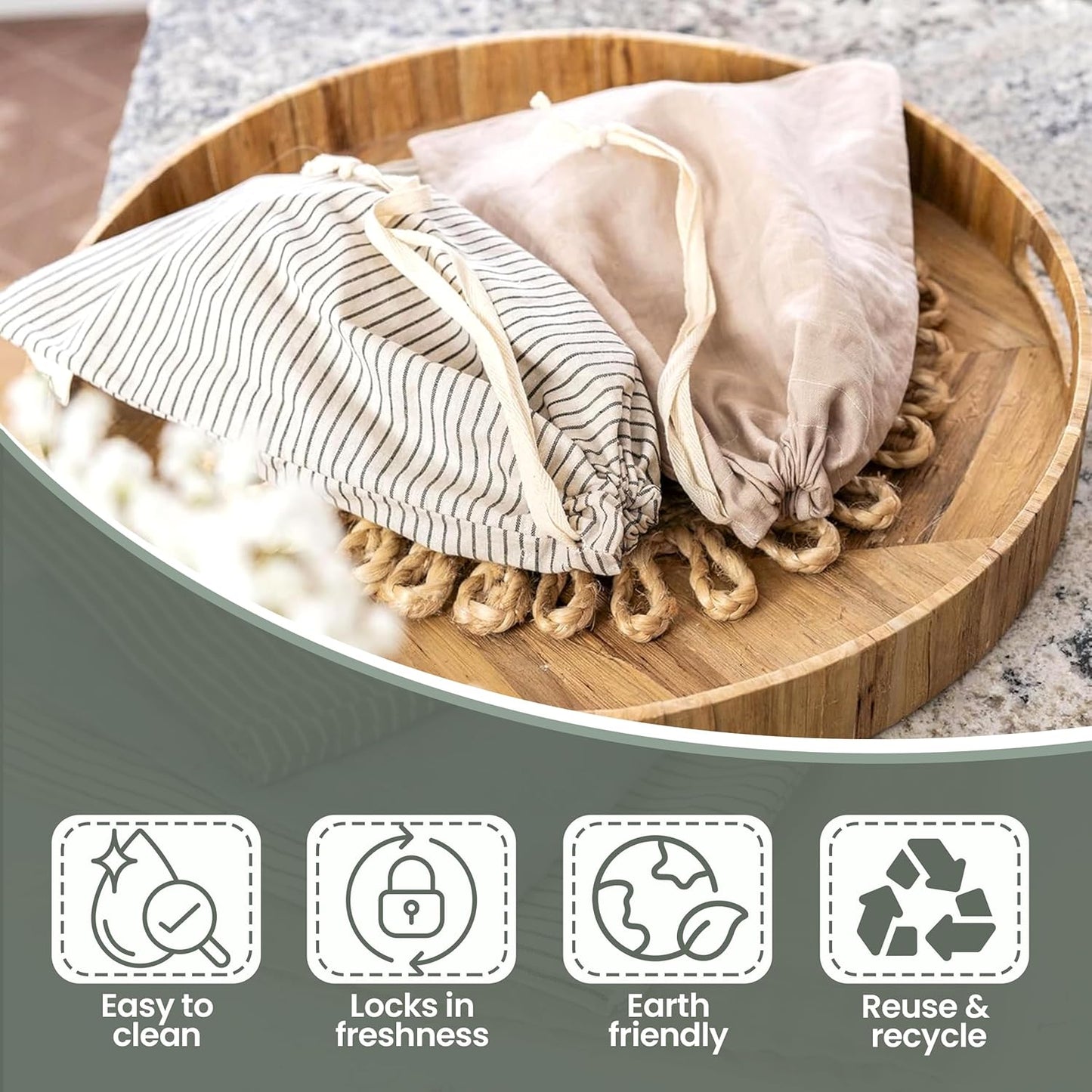 Ark & Aron Reusable Bread Bags - Pack of 2 Beeswax Bread Bags for Sourdough | Linen Bread Bag for Homemade Breads | Sourdough Loaf Bags | Cotton Food Storage Bag for Breads(Olive Leaf/Almond Branch)