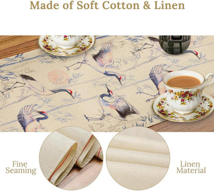 Japan Chinese Red-Crowned Crane Table Runner, Bamboo Ink Painting Animals Traditional Art Culture Table Runner for Holiday Home Living Room New Year Japanese Party Oriental, 13x70 Inch