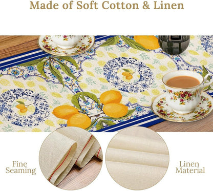 Lemon Tiles Table Runner, Summer Fruit Yellow Lemon Mediterranean Ceramic Watercolor Farmhouse Table Runner for Coffee Table Home Party Kitchen Dining Table Wedding Party Decor 13x72