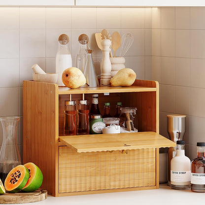 Rustic Bread Box for Kitchen Countertop Bamboo Bread Storage Container Bin Double Layer BreadBox Farmhouse Large Capacity Food Organizer (Natural Bamboo)