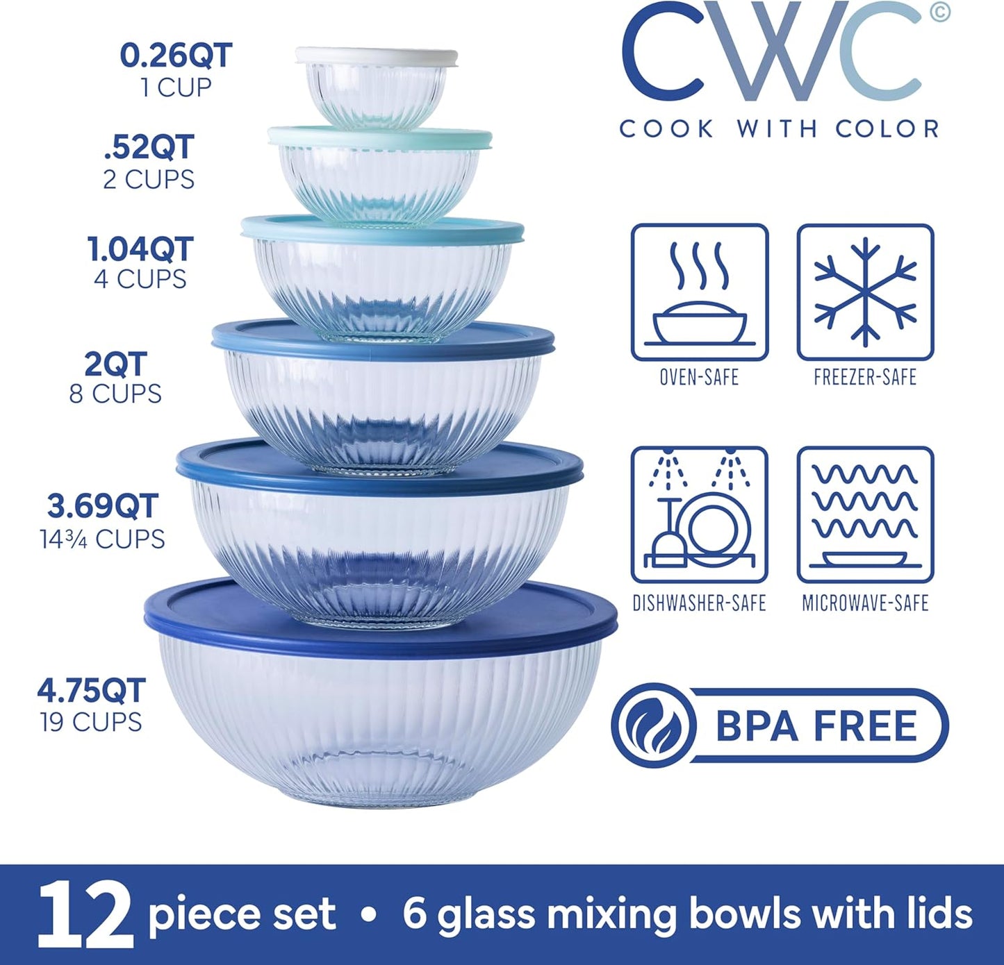 COOK WITH COLOR 12 Pc Glass Mixing Bowl Set with Lids – Borosilicate Glass Nesting Bowls for Cooking, Baking and Meal Prep, Fluted Blue