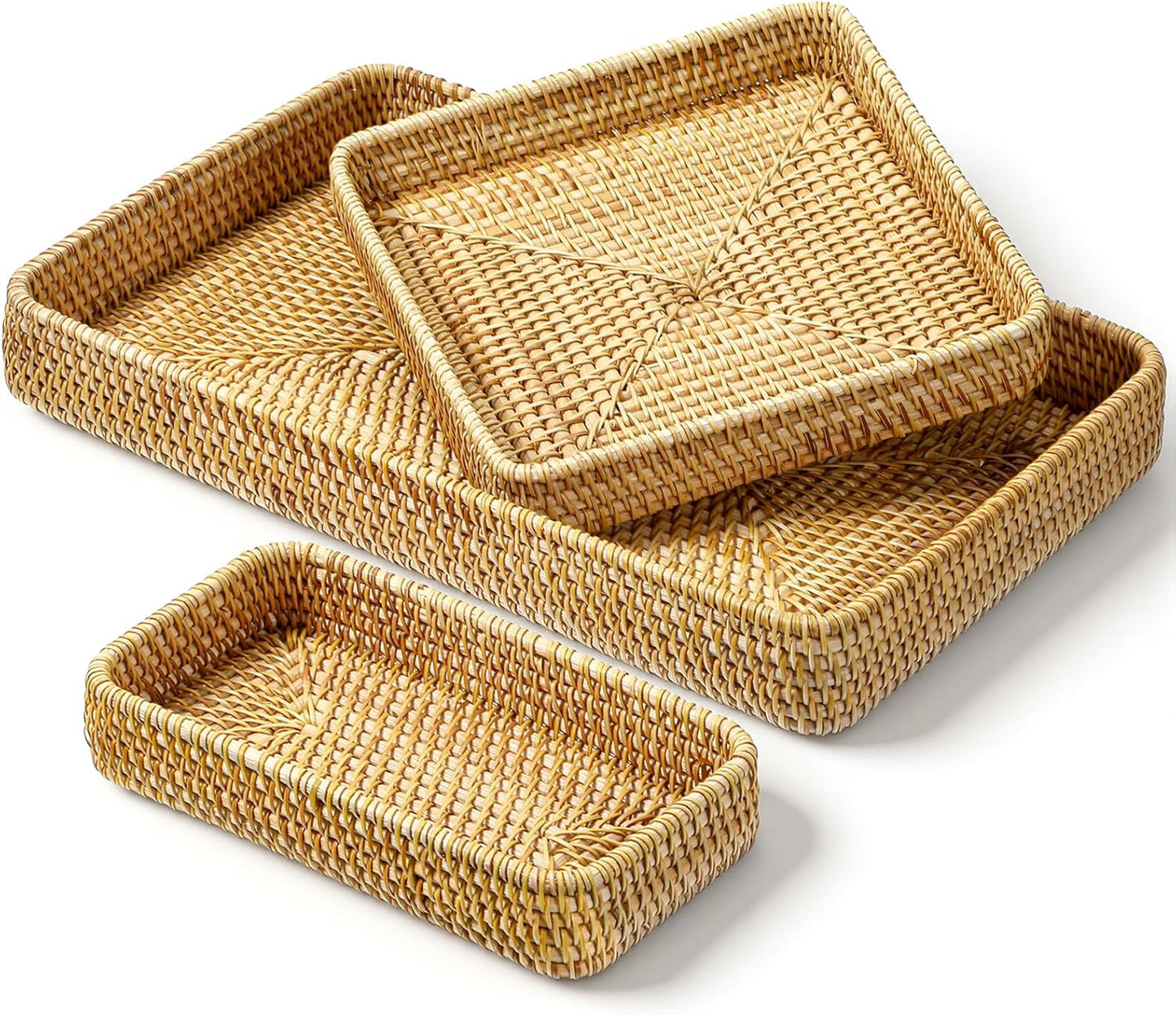 3 Pack Rattan Serving Tray, Woven Rectangular Storage Baskets, Natural Wicker Decorative Serving Baskets, Natural Woven Tray for Home Decor, Bathroom, Kitchen Counter