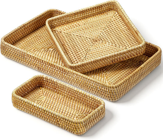 3 Pack Rattan Serving Tray, Woven Rectangular Storage Baskets, Natural Wicker Decorative Serving Baskets, Natural Woven Tray for Home Decor, Bathroom, Kitchen Counter