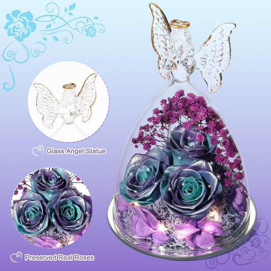 Christmas Rose Gifts for Women Preserved Real Flower in Glass Angel Figurines Roses for Delivery Prime Birthday Gifts for Mom Grandma Girlfriend Wife Her, GlitterBluePurple