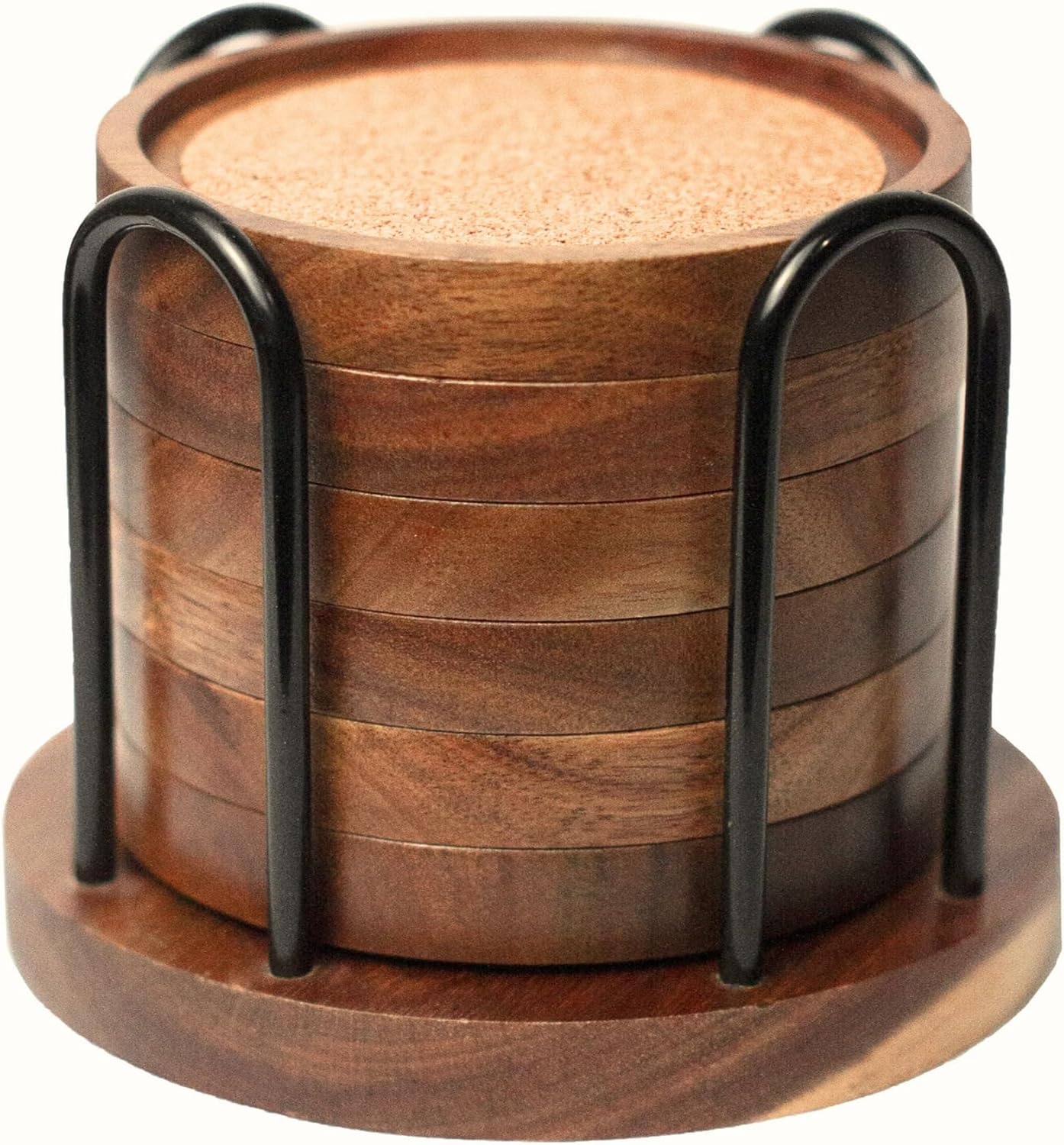 Wood Coasters for Drinks with Wooden Holder, Wooden Coaster with Cork for Tabletop Protection, Drink Coasters for Coffee Table, 4.13 Inch, Set of 6 (Modern Coasters with Metal Holder)