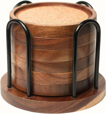 Wood Coasters for Drinks with Wooden Holder, Wooden Coaster with Cork for Tabletop Protection, Drink Coasters for Coffee Table, 4.13 Inch, Set of 6 (Modern Coasters with Metal Holder)