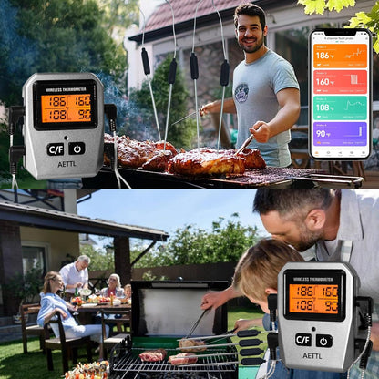 Wireless Digital Meat Thermometer,Instant Read Food Thermometer with LCD Display and 4 Stainless Probes,Advanced Electronic Thermometer Waterproof for BBQ Cooking Kitchen Outside Grill