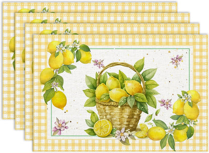 Yellow Lemon Placemats Set of 6, 12x18 Inch Summer Fruits Buffalo Plaid Baskets Floral Farmhouse Seasonal Spring Holiday Coffee Table Mats for Party Kitchen Dining Decoration