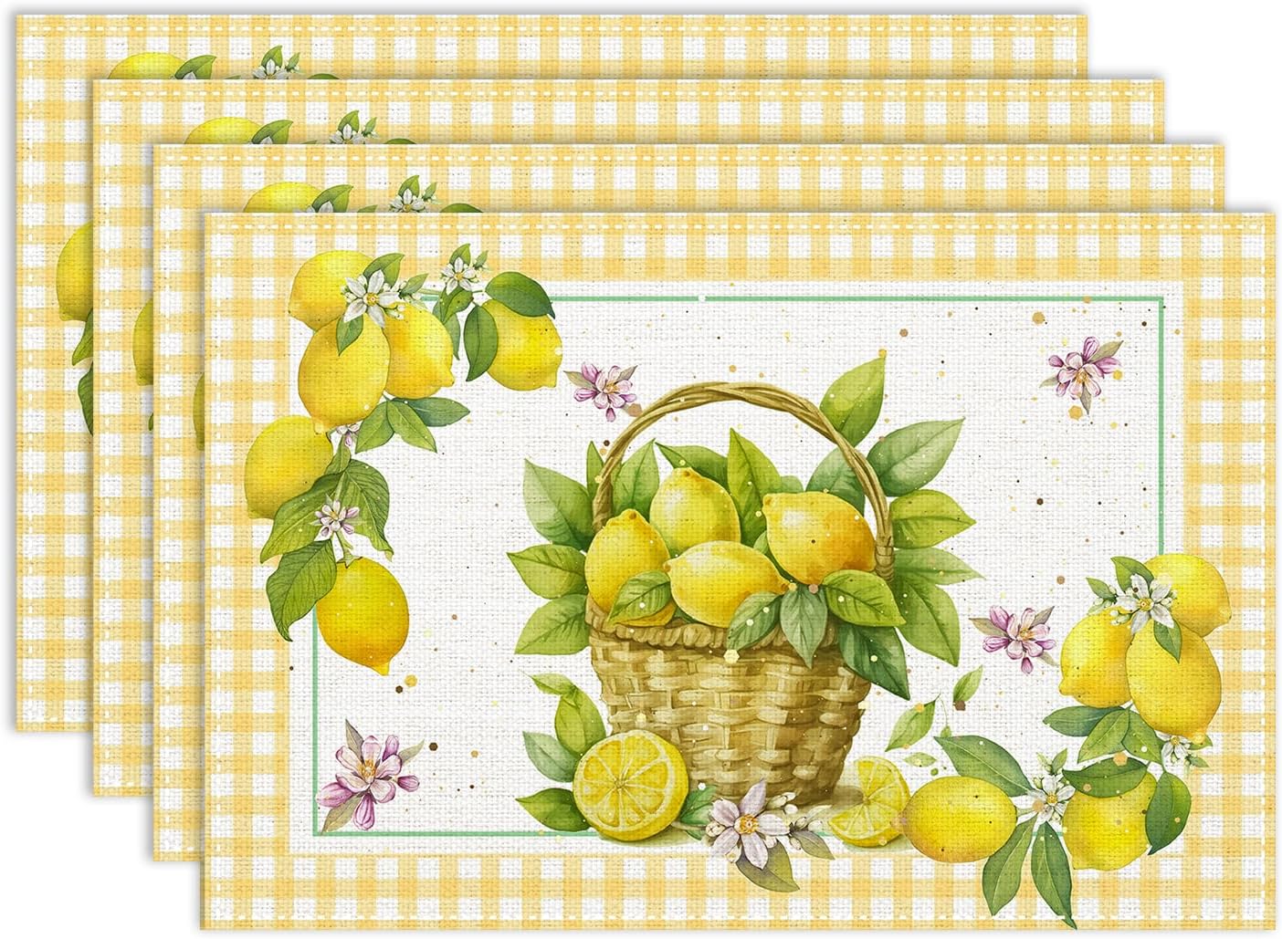 Yellow Lemon Placemats Set of 4, 12x18 Inch Summer Fruits Buffalo Plaid Baskets Floral Farmhouse Seasonal Spring Holiday Coffee Table Mats for Party Kitchen Dining Decoration