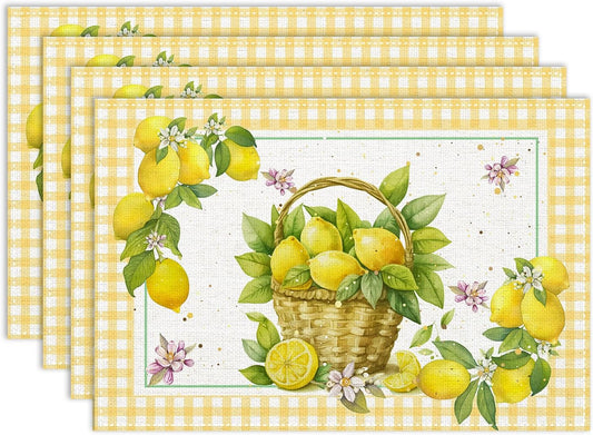Yellow Lemon Placemats Set of 4, 12x18 Inch Summer Fruits Buffalo Plaid Baskets Floral Farmhouse Seasonal Spring Holiday Coffee Table Mats for Party Kitchen Dining Decoration