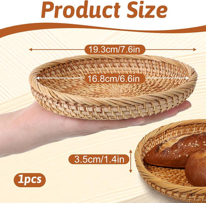 Rattan Bread Baskets Woven Fruit Bowls, 7.5" Round Natural Woven Wicker Basket Picnic Snack Vegetable Bowls Wicker Trays Candy Bowl for Office Kitchen Keys Entryway Organization Handwoven Decor