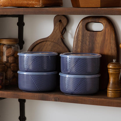 Large Ceramic Bowls with Lids: 32 oz Microwave Safe Food Storage Containers for Soup Salad Meal Prep Lunch Picnic Camping - 6 Inch, Set of 4 (Navy)