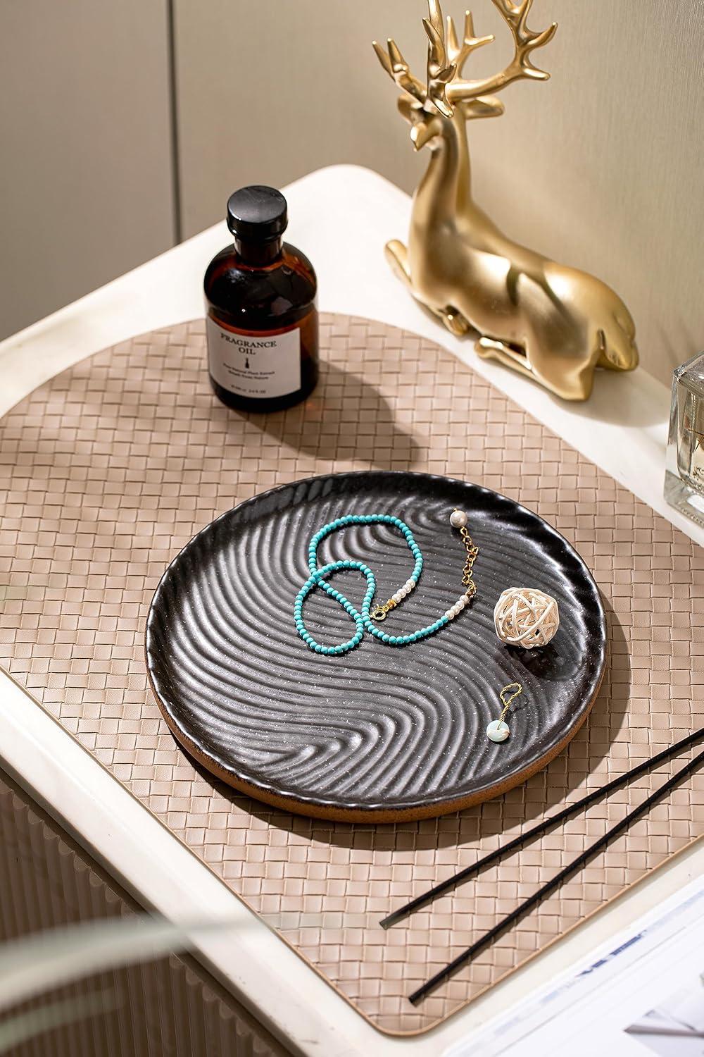 Vanity Tray with Brown Trim - Candle & Perfume Organizer, Round Black 8"8" Home Decor