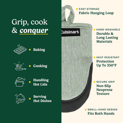 Cuisinart Mini Oven Mitts – 5.5” x 7” Heat-Resistant Kitchen Mitts for Oven with Non-Slip Neoprene Palm, Cotton Filling, and Fabric Loop – Durable Oven Mitt Set for Cooking & Baking (Sage)