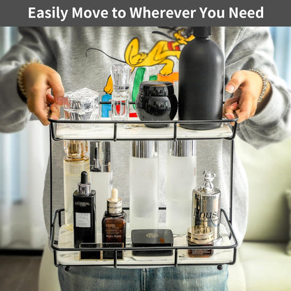 Bathroom Organizer Countertop Perfume Organizer Makeup Organizer Cosmetics Storage Display Rack Vanity Tray Dresser Stainless Steel Gold Shelf White Marble Ceramic Tray (2 Tier L-Black)