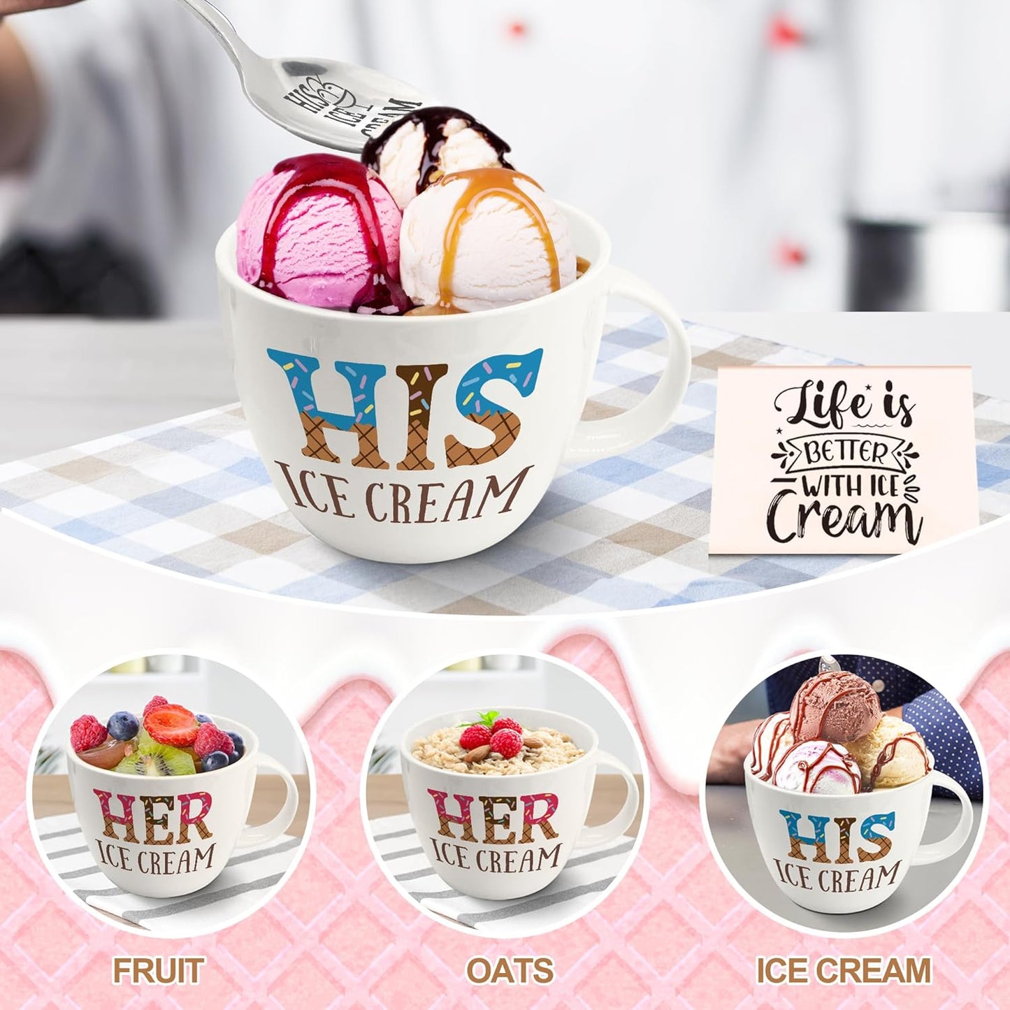 Anniversary Couple Gift Ice Cream Bowls and Spoon Scoop Set, His and Hers Gifts, Mothers Day Couples His Her Ice Cream Accessories Bowl Present, Unique Wedding Gift 2025 for Friends