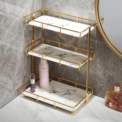 Bathroom Organizer Countertop Perfume Organizer Makeup Organizer Cosmetics Storage Display Rack Vanity Tray Dresser Stainless Steel Gold Shelf White Marble Ceramic Tray