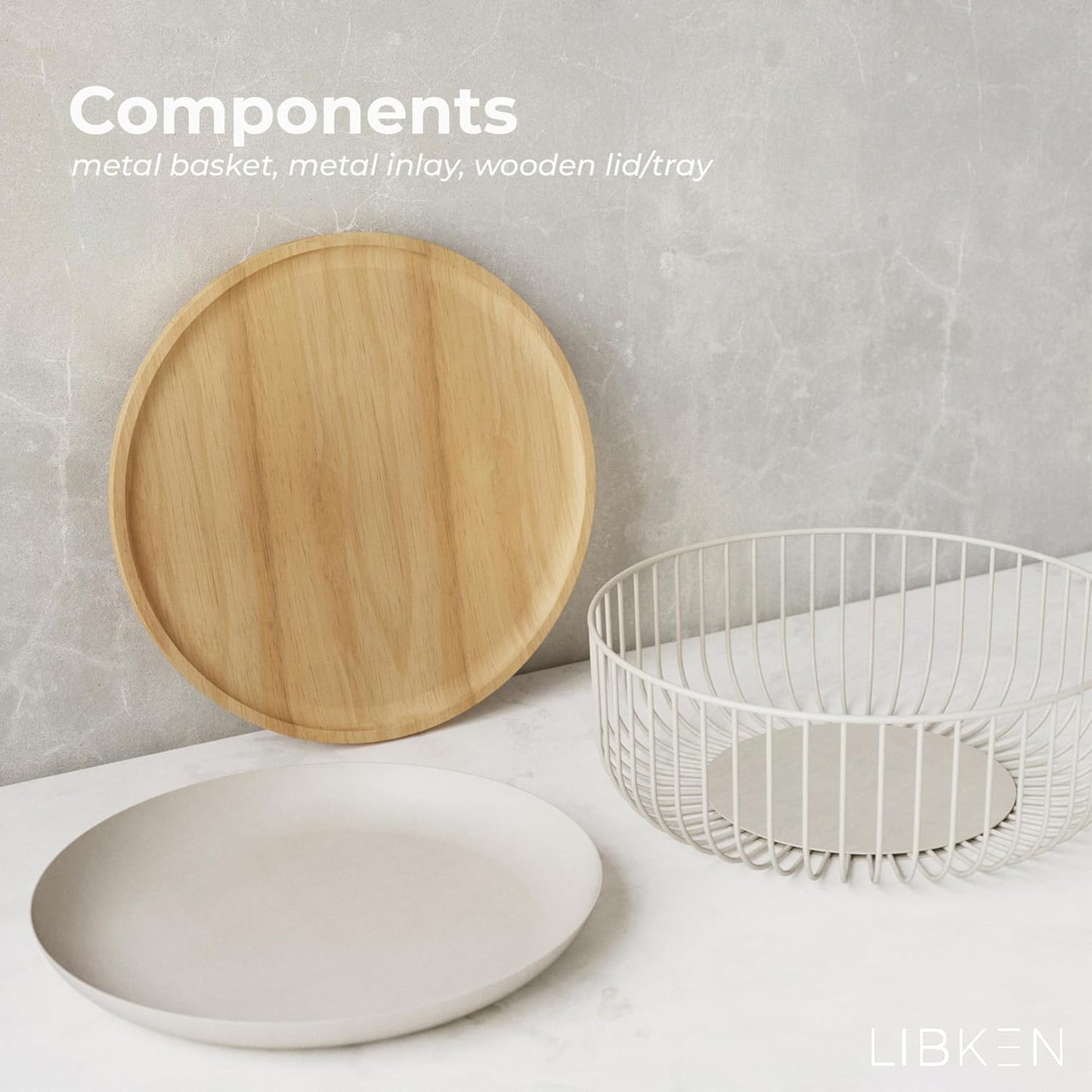 Fruit Basket for Kitchen - Multi-Purpose Stackable Basket with Wooden Lid - Powder Coated Metal and Rubber Wood - Wire Baskets for Organizing - Minimal Design - 4.5x11.4x11.4 - Warm Gray