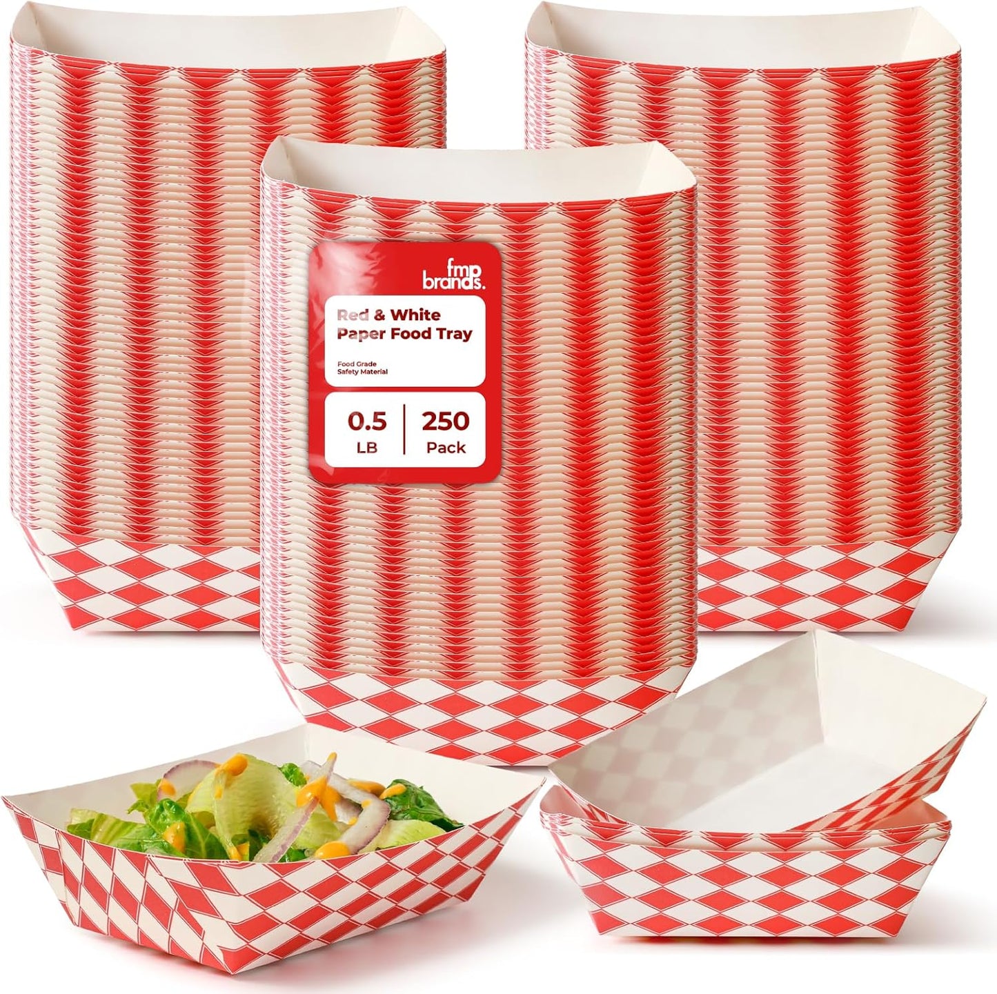 Fit Meal Prep [250 Pack 0.5 lb Paper Food Boats Heavy Duty Disposable Food Trays, Red Check Nacho Tray for Parties Fairs Picnics Carnivals, Holds Ketchup Cheese Sauce Pickles