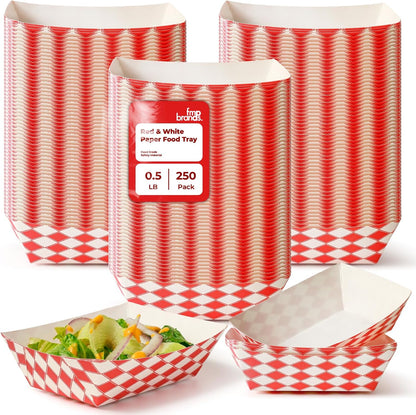 Fit Meal Prep [250 Pack 0.5 lb Paper Food Boats Heavy Duty Disposable Food Trays, Red Check Nacho Tray for Parties Fairs Picnics Carnivals, Holds Ketchup Cheese Sauce Pickles