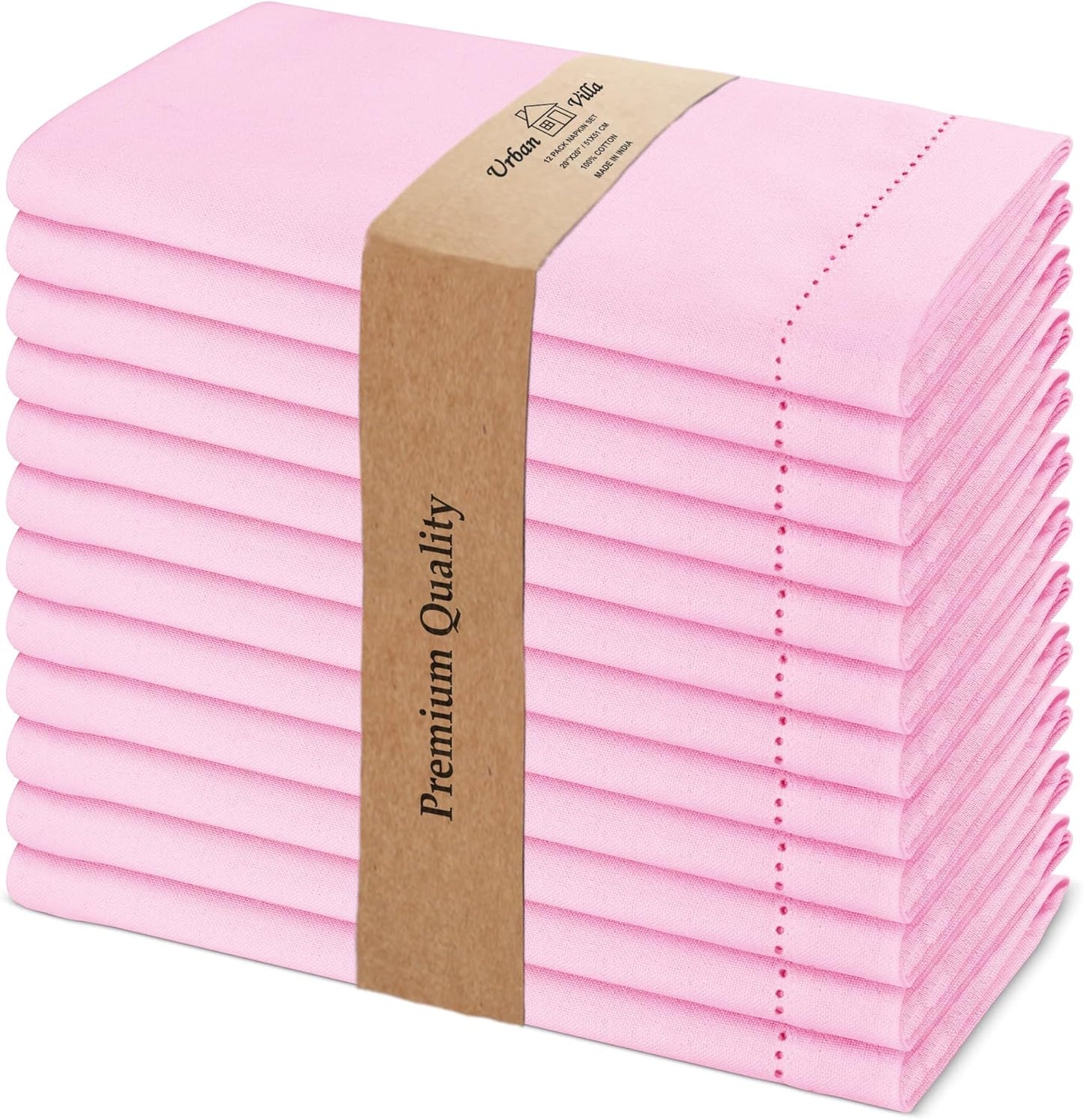 Urban Villa Cloth Napkins Set of 12 (20x20 Inches) 100% Cotton Hemstitch Napkins Cloth Washable Durable Reusable Absorbent Table Dinner Napkins Cloth for Hotel Lunch Restaurant Weddings Parties – Pink