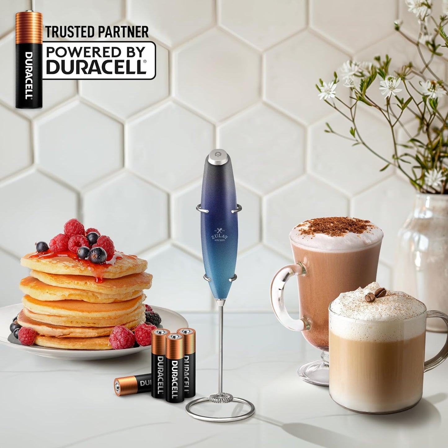 Zulay Kitchen Powerful Milk Frother Wand With 4 AA Duracell Batteries - Ultra Fast Handheld Drink Mixer - Electric Whisk Foam Maker for Coffee, Lattes, Cappuccino, Matcha & Creamer