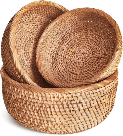 Rattan Bread Baskets for Serving, Hand Woven Food Baskets, Natural Wicker Fruit Basket for Kitchen Counter, Decorative Bread Baskets for Gifts, Snacks, Candies, Nuts, Keys, Wallets, etc.(Round-Combo)