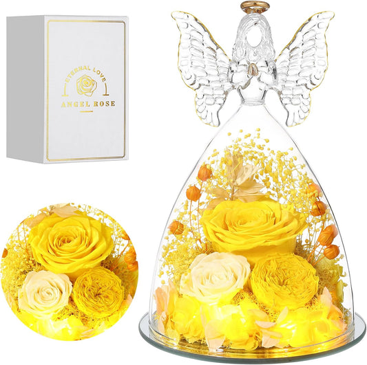 Christmas Rose Gifts for Women Preserved Real Flower in Glass Angel Figurines Roses for Delivery Prime Birthday Gifts for Mom Grandma Girlfriend Wife Her,Yellow Austin Roses