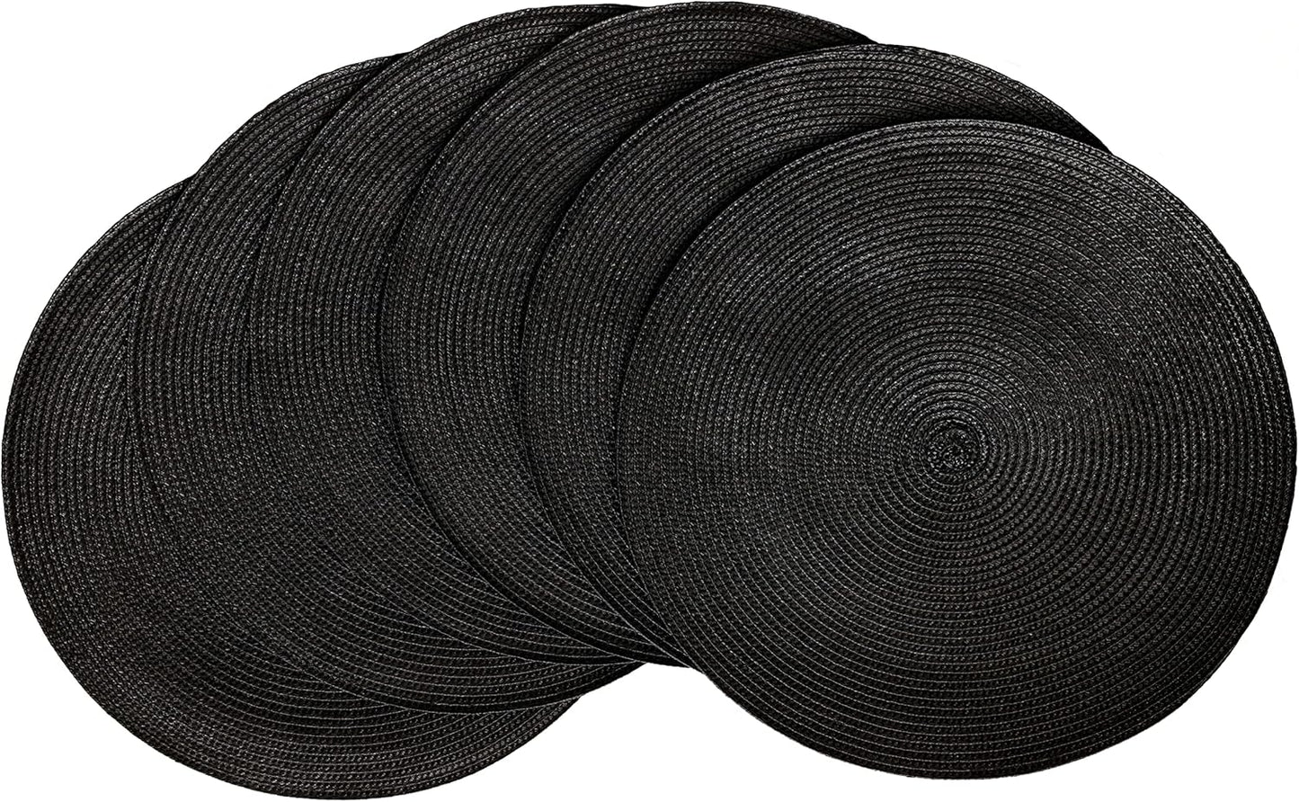 HODJOY Placemats, Round Braided Placemats for Dining Tables, Woven Non-Slip Washable Table Mats, Set of 6, 15 inch, Black