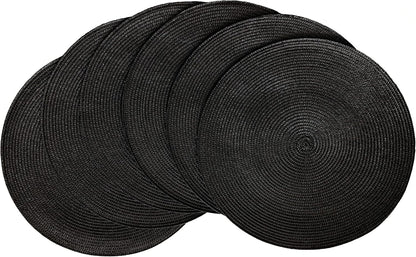 HODJOY Placemats, Round Braided Placemats for Dining Tables, Woven Non-Slip Washable Table Mats, Set of 6, 15 inch, Black