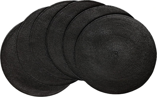 HODJOY Placemats, Round Braided Placemats for Dining Tables, Woven Non-Slip Washable Table Mats, Set of 6, 15 inch, Black