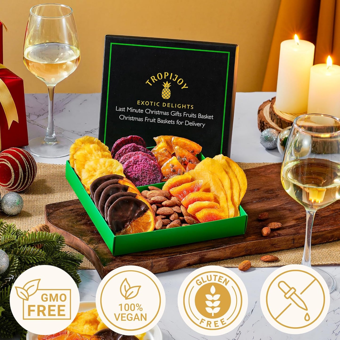 Christmas Gift Baskets - 7 Tropical Flavors Chocolate Orange Christmas Fruit Basket Gift |12.5oz Soft Dried Fruit gift Baskets for Delivery | Holiday Gift Baskets for Christmas Food Gifts for Adults