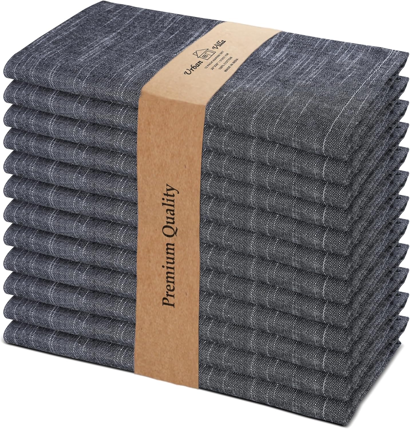 Urban Villa Cloth Napkins Set of 12 20x20 Inches 100% Cotton Napkins Cloth Washable Durable Reusable Absorbent Table Dinner Napkins Cloth for Hotel Lunch Restaurant Weddings Parties - Black Chambray