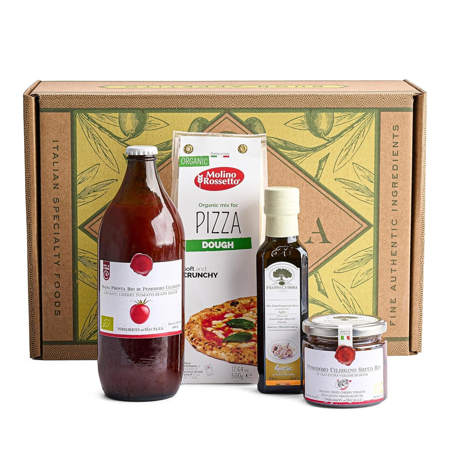 Bellina Organic Pizza Kit Gift Basket - Authentic Homemade Pizza Making Kit - Ideal for Beginners and Home Chefs, Italian Gift Basket Includes Organic Crust Mix, Sauce, Garlic EVOO & Sun-Dried Tomatoes