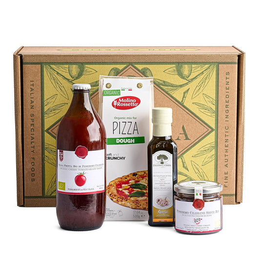 Bellina Organic Pizza Kit Gift Basket - Authentic Homemade Pizza Making Kit - Ideal for Beginners and Home Chefs, Italian Gift Basket Includes Organic Crust Mix, Sauce, Garlic EVOO & Sun-Dried Tomatoes