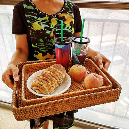 i-lan 2 Pack Natural Rattan Serving Trays with Handles – Handwoven Rectangular Wicker Baskets for Food, Bread, Fruit | Decorative Storage & Table Organizer with 2-Inch Wall (Small + Large)