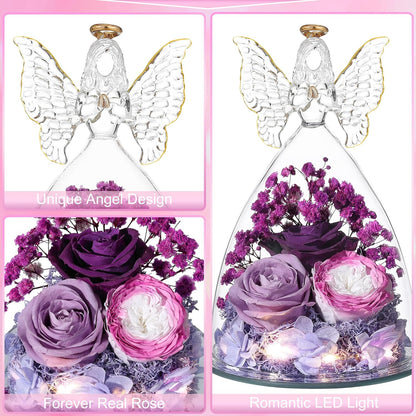Christmas Rose Gifts for Women Preserved Real Flower in Glass Angel Figurines Roses for Delivery Prime Birthday Gifts for Mom Grandma Girlfriend Wife Her, Colorful Purple