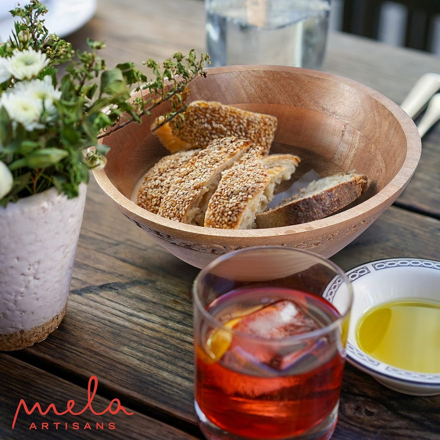 Mela Artisans Wooden Fruit Bowl | Medium Burnt Finish | Large 12” Mango Wood Serving Bowl | Multipurpose for Kitchen Countertop | Salad| Fruit| Snacks| Breads & More | Natural Grain Texture