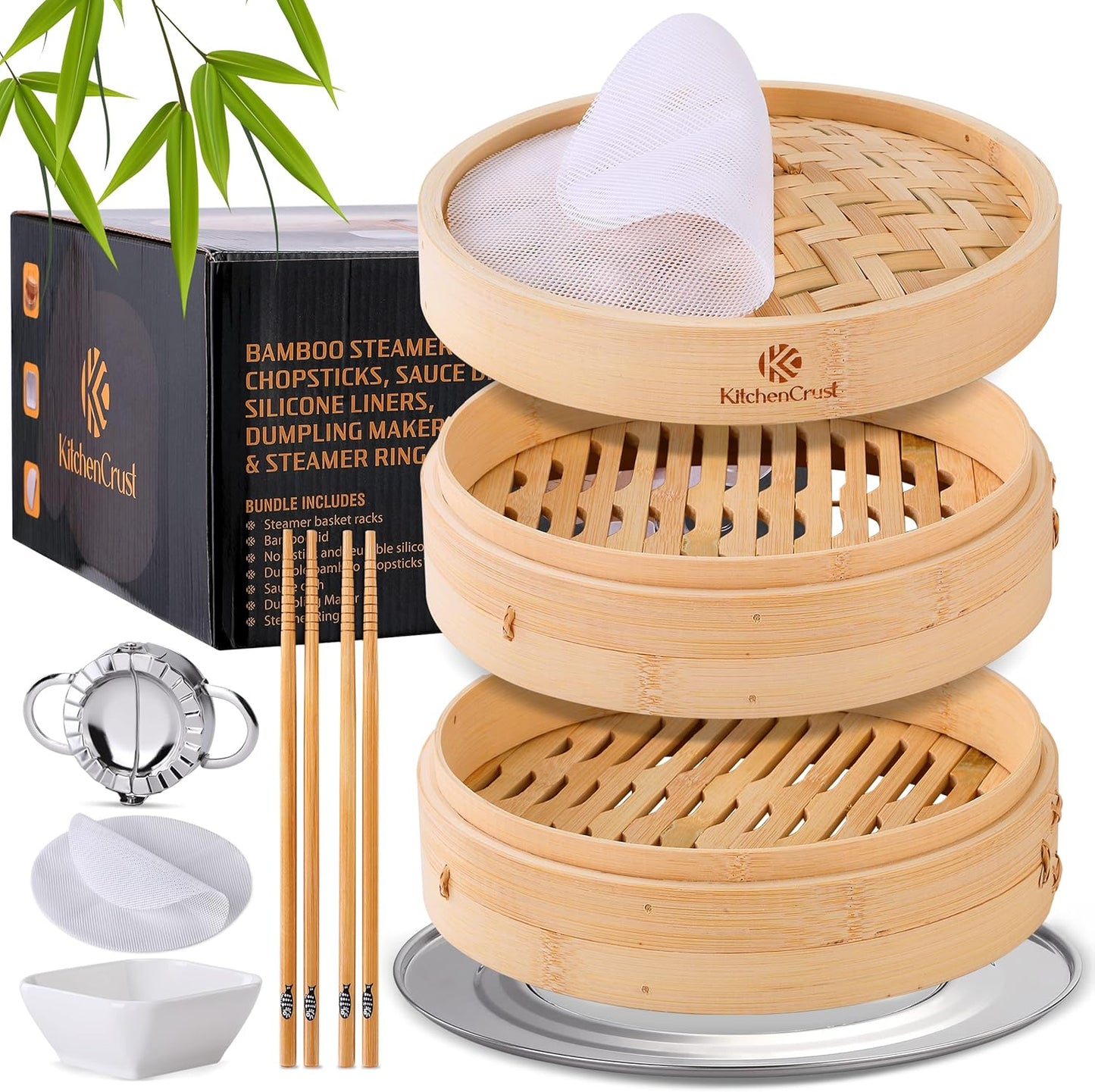 Bamboo Steamer Basket for Chinese Asian Cuisine - 2 Tier 10-Inch Steaming Basket Bun Vegetable Steam, Dumpling Steamer bamboo steam basket, Sauce Dish, Chopsticks, Reusable Liners, Ring